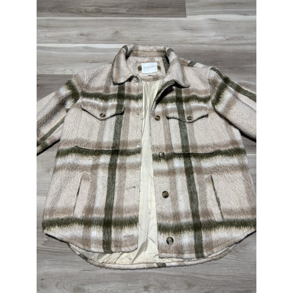American Eagle Plaid Shacket Womens XL Green Cream Sherpa Fuzzy Button Up Jacket